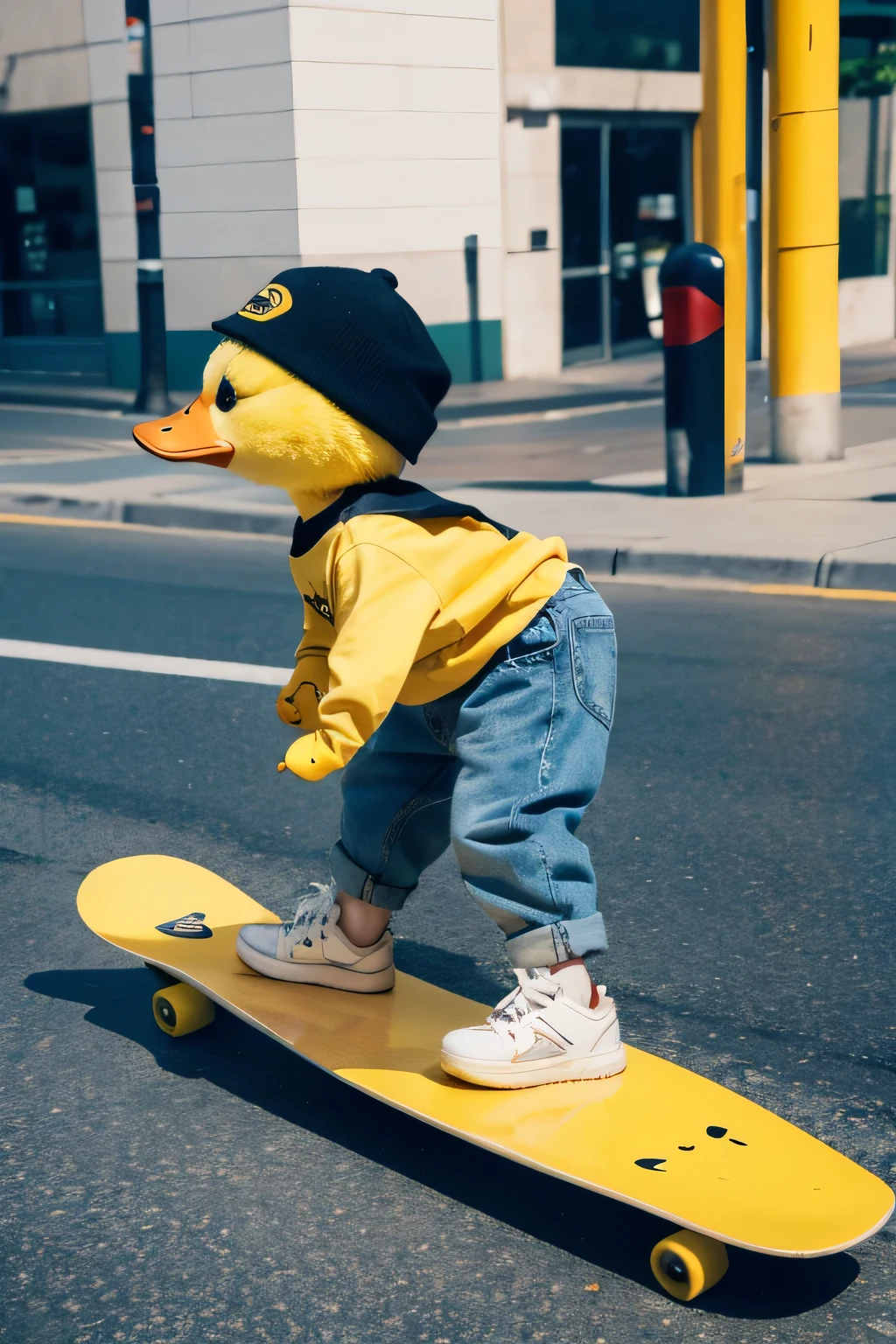 little yellow duck，Ride a skateboard，realistic style