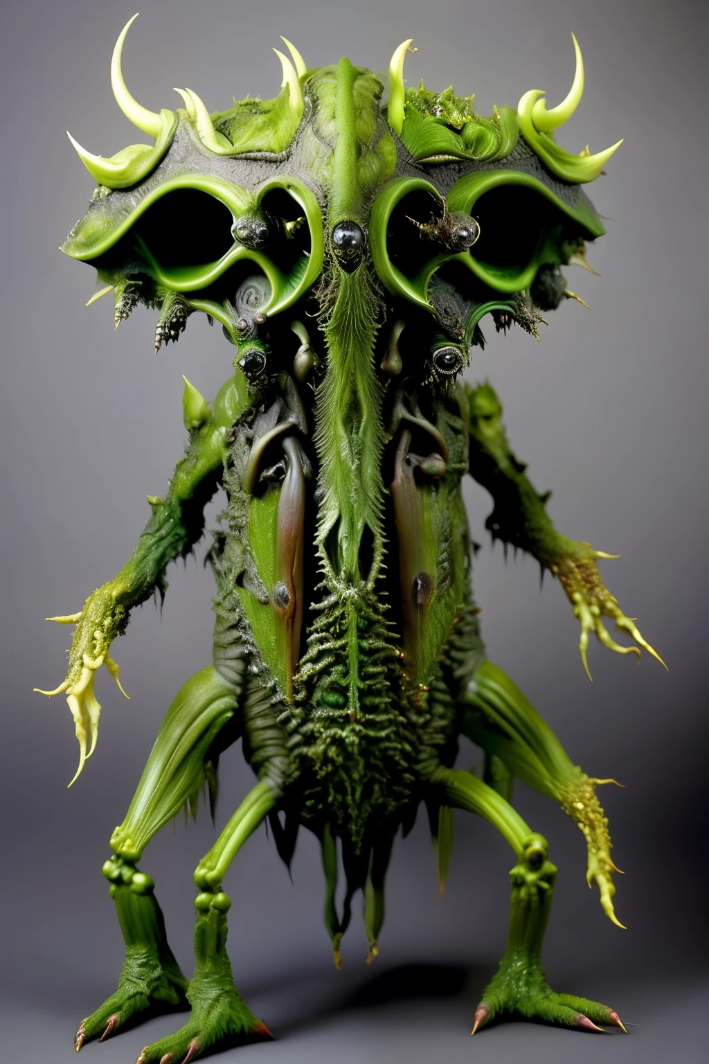 An alien creature with an uncanny form, boasting six arms and four legs, looms before you in all its monstrous glory. Its skin is a sickly green hue, covered in rough and uneven bumps that seem to pulse with a disturbing vitality. Each arm ends in a gnarled claw, unnaturally elongated digits that are capable of manipulating the most intricate objects with an unnerving degree of dexterity. The excess limbs seem to twist and shift with an independent will, adding to the disquieting sense that this being is not entirely in control of its own body. The creature's four legs are thick and muscular, ending