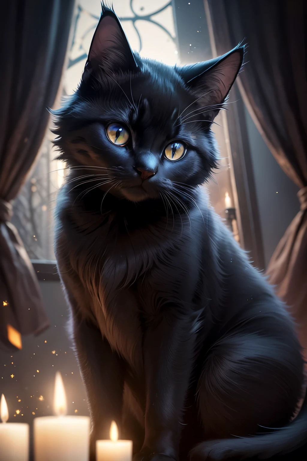 Set against a canvas of unadulterated purity, an alluring black cat with eyes that conceal the enigmatic wisdom of the cosmos poses, its lithe form graced with intricate black spots that scatter its fur like the twinkling stars of a moonless night. Its iridescent gaze draws you in, as if beckoning the unraveling of the universe's hidden truths. The cat's silky fur glistens under the ethereal glow of the candlelight, casting an enchanting aura around its regal presence. Sensuous and shrouded in mystery, this feline epitome of beauty and grace encapsulates the intrigu