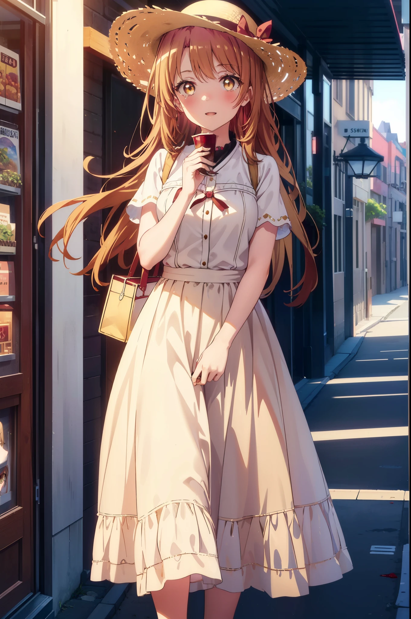 irohaisshiki, Isshiki Iroha, long hair, light brown hair, (Brown ruby eyes:1.5), White long skirt integrated dress,Cute Sandals,straw hat,happy smile, smile, open your mouth,daytime,Clear skies,looking down from top to bottom,whole bodyがイラストに入るように,
break outdoors ,building street,In town,
break looking at viewer,whole body,(cowboy shot:1. 1)
break (masterpiece:1.2), highest quality, High resolution, unity 8k wallpaper, (shape:0.8), (beautiful and detailed eyes:1.6), highly detailed face, perfect lighting, Very detailed CG, (perfect hands, perfect anatomy),