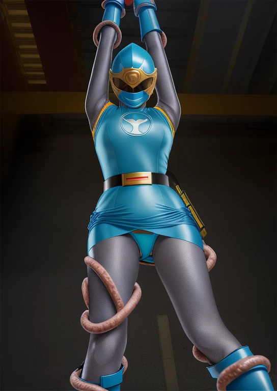 (best quality, masterpiece, RAW photo,ultra-detailed:1.2), 1girl, solo, looking at viewer, ((Hurricane Blue outfit, belt, gloves, helmet, blue spandex vest, blue boots, blue skirt, gray leggings, white gloves)), very large massive breasts, (((spread legs:1.1))),  ((tentacles:1)), tentacle on crotch, nsfw, raised arms, tentacles wrap around body, dark room, eerie light, close up, industrial background, upper half body, creampie, wet