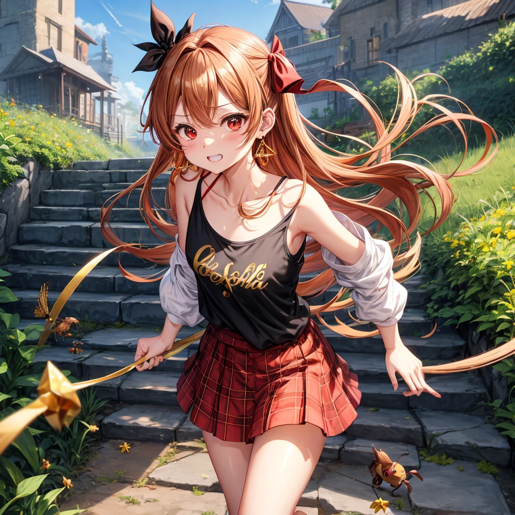 Brown, red, gold, golden hair、red eyes、one good looking girl、solo、anime、plaid mini skirt、black camisole、black t-shirt、hoodie、wearing a ribbon、ribbon at waist、Crystal Earrings、treasure石のネックレス、Light and shadow、Tilting face、teeth are visible、pillar、kind face、Kuroko、Diamond dust、grassland、Water running down the stairs、overflowing、Ants are walking、sulking、is increasing、treasure、Hope