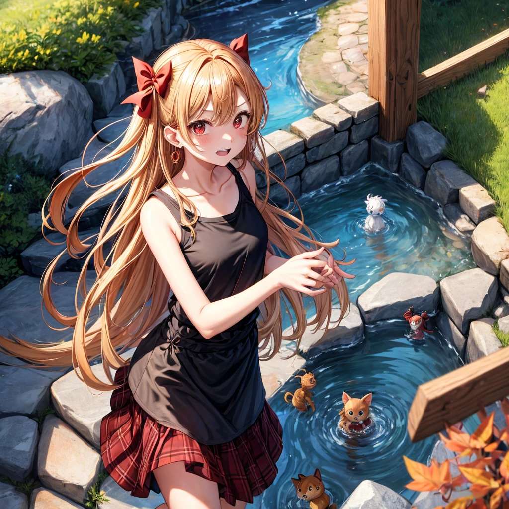 Brown, red, gold, golden hair、red eyes、one good looking girl、solo、anime、plaid mini skirt、black camisole、black t-shirt、hoodie、wearing a ribbon、ribbon at waist、Crystal Earrings、treasure石のネックレス、Light and shadow、Tilting face、teeth are visible、pillar、kind face、Kuroko、Diamond dust、grassland、Water running down the stairs、overflowing、Ants are walking、sulking、is increasing、treasure、Hope