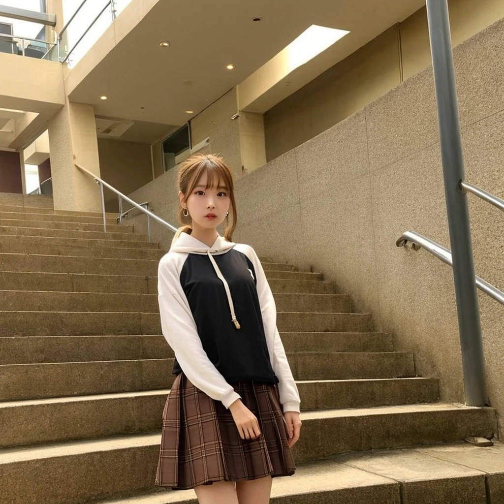 Brown, red, gold, golden hair、red eyes、one good looking girl、solo、anime、plaid mini skirt、black camisole、black t-shirt、hoodie、wearing a ribbon、ribbon at waist、Crystal Earrings、treasure石のネックレス、Light and shadow、Tilting face、teeth are visible、pillar、kind face、Kuroko、Diamond dust、grassland、Water running down the stairs、overflowing、Ants are walking、sulking、is increasing、treasure、Hope