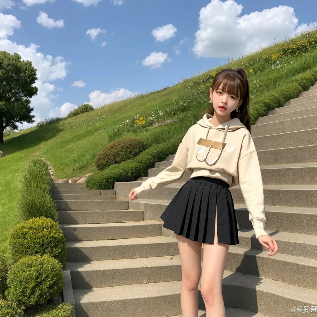 Brown, red, gold, golden hair、red eyes、one good looking girl、solo、anime、plaid mini skirt、black camisole、black t-shirt、hoodie、wearing a ribbon、ribbon at waist、Crystal Earrings、treasure石のネックレス、Light and shadow、Tilting face、teeth are visible、pillar、kind face、Kuroko、Diamond dust、grassland、Water running down the stairs、overflowing、Ants are walking、sulking、is increasing、treasure、Hope