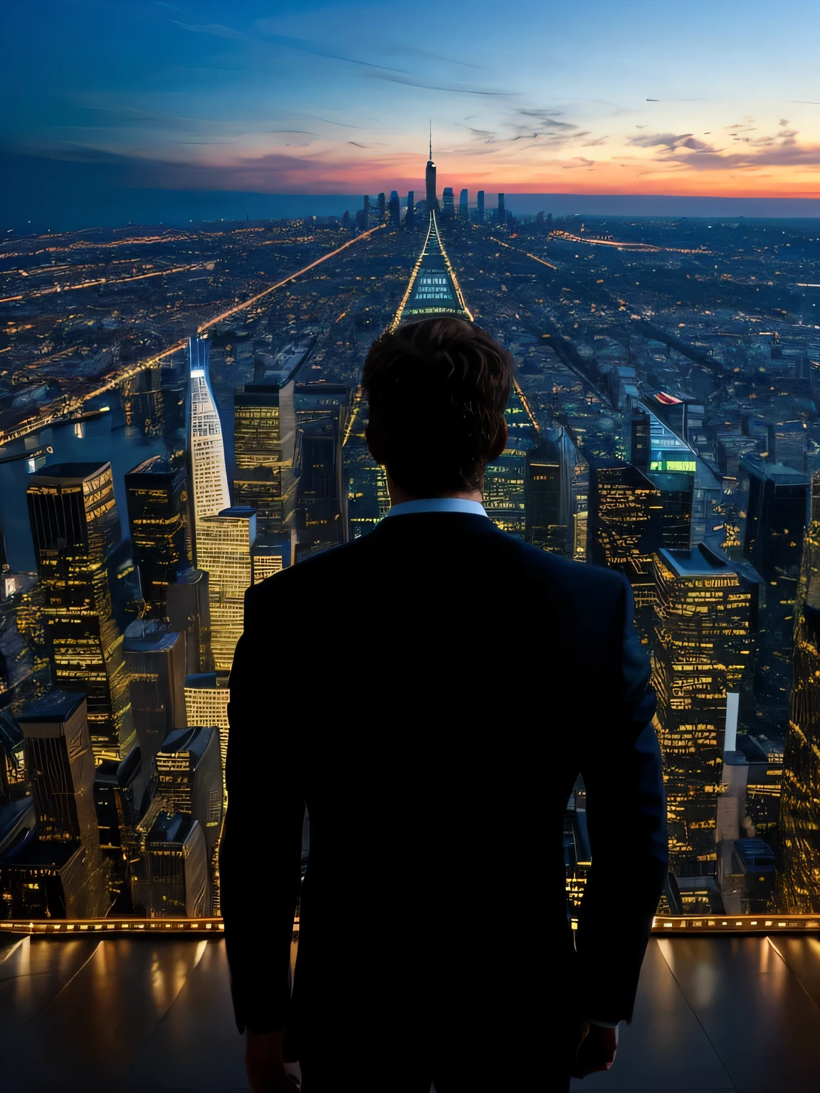 ((masterpiece)) Back silhouette of businessman in suit, The city is the protagonist, Thinking life, The city is the protagonist, skyscrapers, Surreal