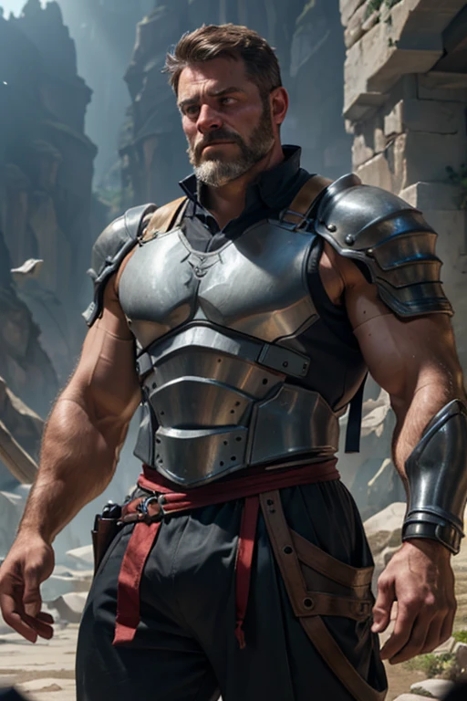 An award-winning original photo，A wild muscular man, (40 years old daddy:1.1), 1boy, Solo, (sleeveless fantasy style armor), (black trouser), (big shoulders), musculature, stubbles, Short beard, Beautiful eyes:1.3, ), (Detailed face:1.3), grumpy face, Dynamic Angle, volumetric lighting, (Best quality, A high resolution, Photorealistic), Cinematic lighting, Masterpiece, RAW photo, Intricate details, hdr, depth of field, upper body shot, kingdom background