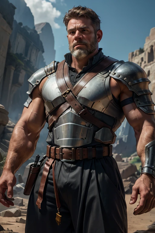 An award-winning original photo，A wild muscular man, (40 years old daddy:1.1), 1boy, Solo, (sleeveless fantasy style armor), (black trouser), (big shoulders), musculature, stubbles, Short beard, Beautiful eyes:1.3, ), (Detailed face:1.3), grumpy face, Dynamic Angle, volumetric lighting, (Best quality, A high resolution, Photorealistic), Cinematic lighting, Masterpiece, RAW photo, Intricate details, hdr, depth of field, upper body shot, kingdom background