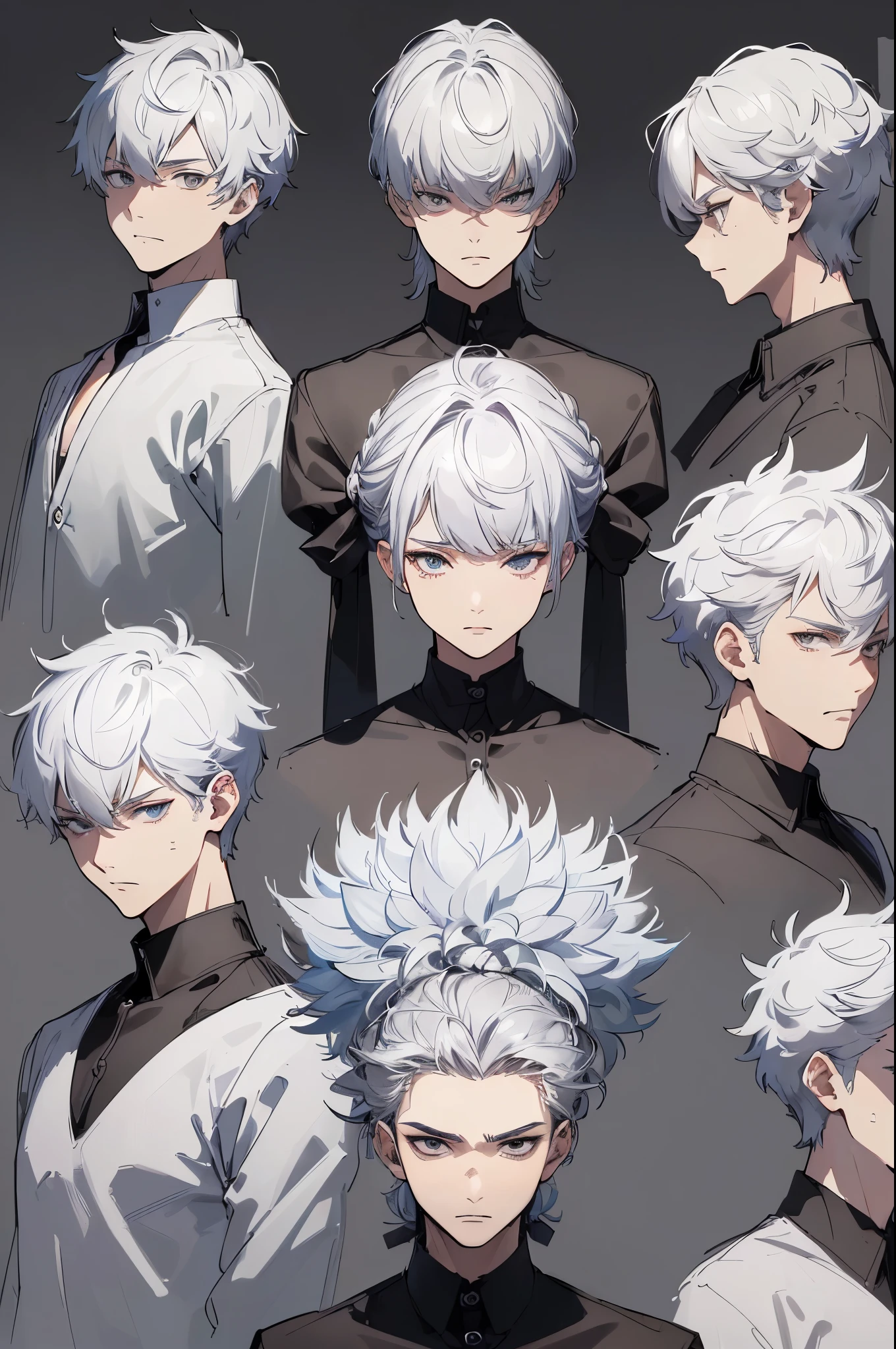 ((master-piece)),(((bestquality))),(Character design sheet, Same character..., Front, side,back), Male ，Face Overview，a 15 year old boy、Hairstyles for gray hair、white shirt，(appearance々Facial expressionultiple Poses and Expression，，Black strokes，various emotions，rough sketch，Setting image、in 8K, eight different face angles.