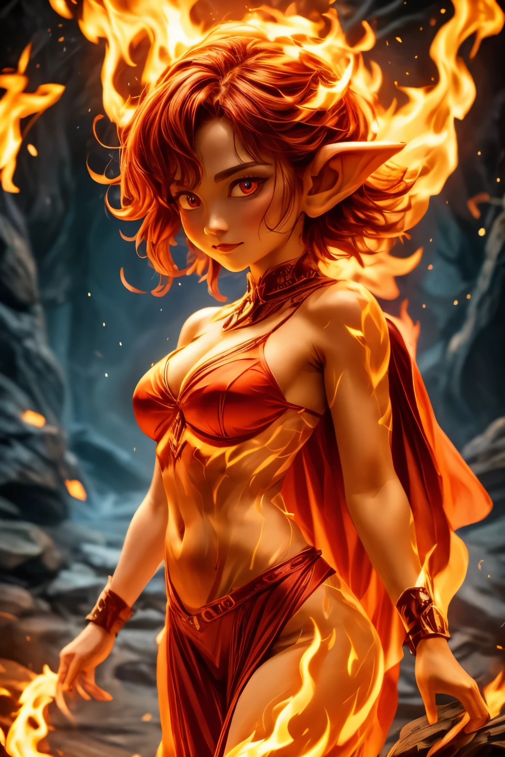 solo, 1girl, ((best quality)), ((masterpiece)), (detailed), 4k, very small goblin girl, bright red skin, pointy ears, fire hair, bright red eyes, on fire, sheer red cape, topless, sexy pose, seductive pose, horny, smoldering, looking at viewer, sexy smile, visible midriff, sexy dance, dynamic pose, cinematic still,