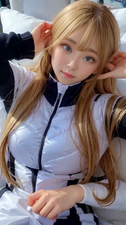 bright look、photorealism、full body painting、highest quality、超A high resolution、picture、北欧生まれの非常にbeautiful少女の写真、extraordinary beautiful girl、可愛くてbeautiful顔の詳細、(Pueros face_V1:0.008)、beautiful bangs、alice in wonderland、16 years old、Radiant, fair, glowing skin、facial hair、Bangs that extend to the face、bangs between eyes、super long hair、Glamorous bright natural platinum blonde super long straight silky hair、high resolution eyes、beautiful, Bright and clear, Big light blue eyes shine charmingly、(white astrovest):10、eyeliner、double eyelid、rich bust、Going to bed、lie on your back、sprawl、sleep on your side、lying on one&#39;s back