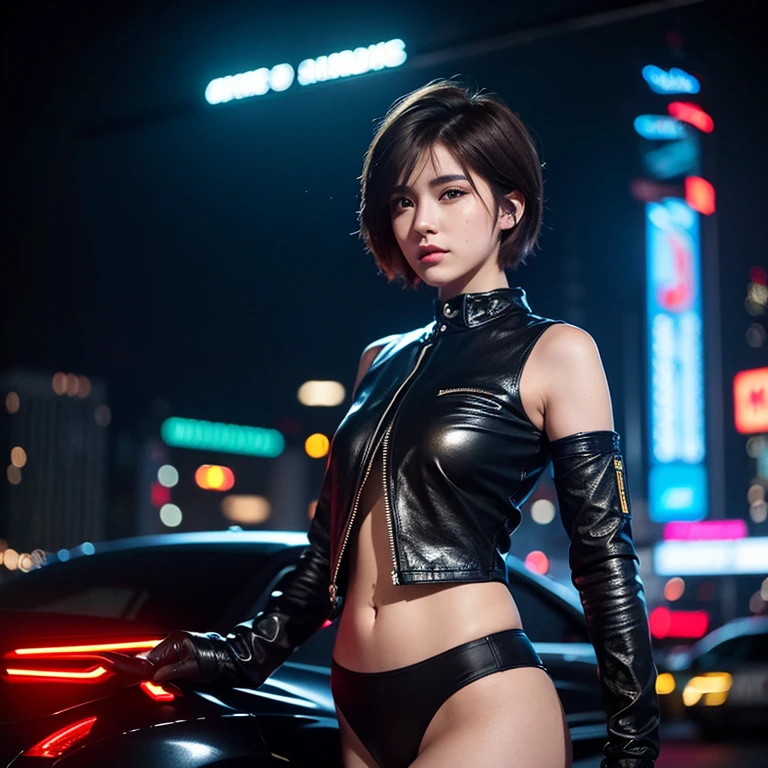 Very beautiful young street racer girl, short haircut, dark golden hair, night city, 🏙️, neon lights, cyberpunk, 🌌, realism