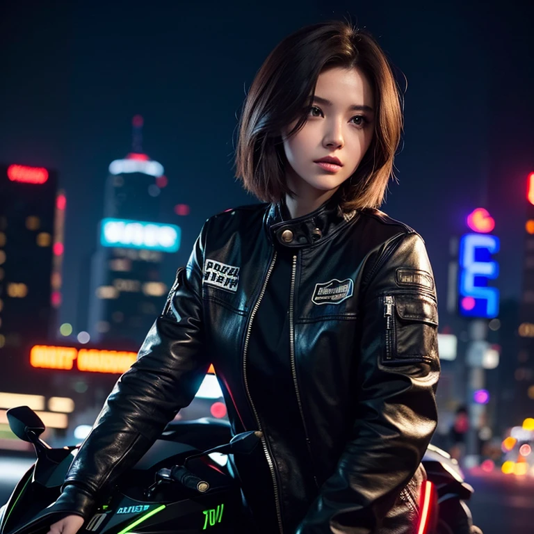 Very beautiful young street racer girl, short haircut, dark golden hair, night city, 🏙️, neon lights, cyberpunk, 🌌, realism