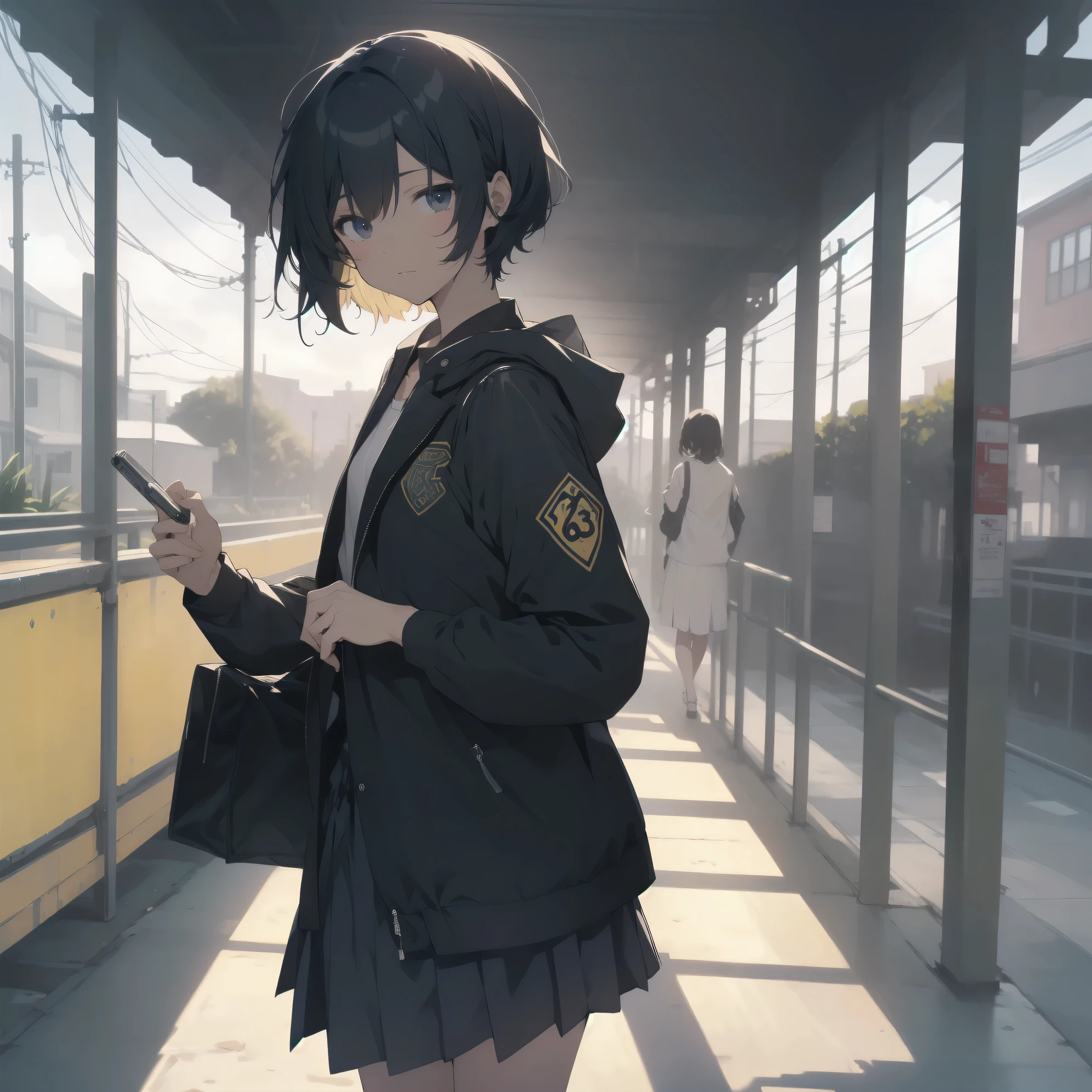ultra-absurdres-Top quality by artist God, ultra-detailed, high resolution, anime moe artstyle, best anime 8k konachan wallpaper, pixiv contest winner, perfect anatomy,break, 1girl, (Please draw a girl walking sleepily to school alone. )break,(Solo,little female, :1.3),Full limbs, complete fingers,a junior high school student, (very short hair), short cut, flat chest, , small butt, smallck eyes, beautiful detailed eyes, well-proportioned iris and pupils, expressive eyes, highres detailed hair, soft expression, school_uniform, official_alternate_costume, pleated skirt,(Detailed Lighting), (Detailed background), in the School commute route. break,super detailed skin, Best cinematic lighting powered by famous artist, 8k,beauty illustration,photoshop_(medium),very aesthetic,break,((artist:kouji_(campus_life) )), artist:akinashi yuu ,artist:oyari ashito ,artist:kantoku ,