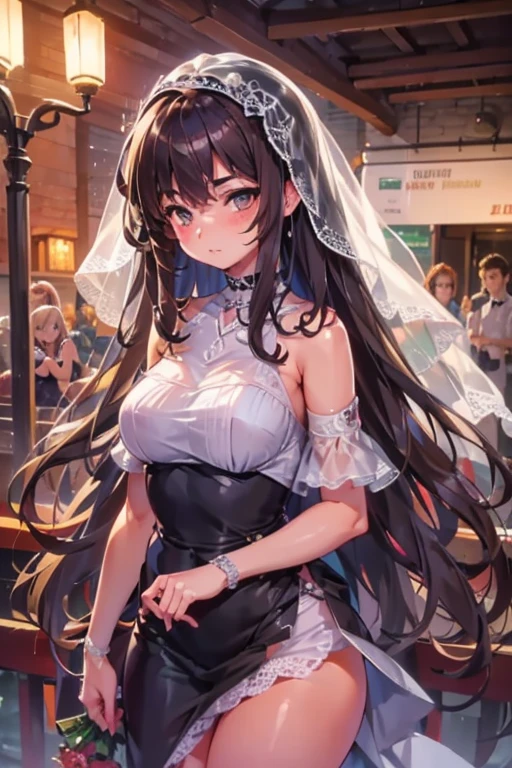 Italian girl, 25 years old, long brown hair, dressed as a wedding