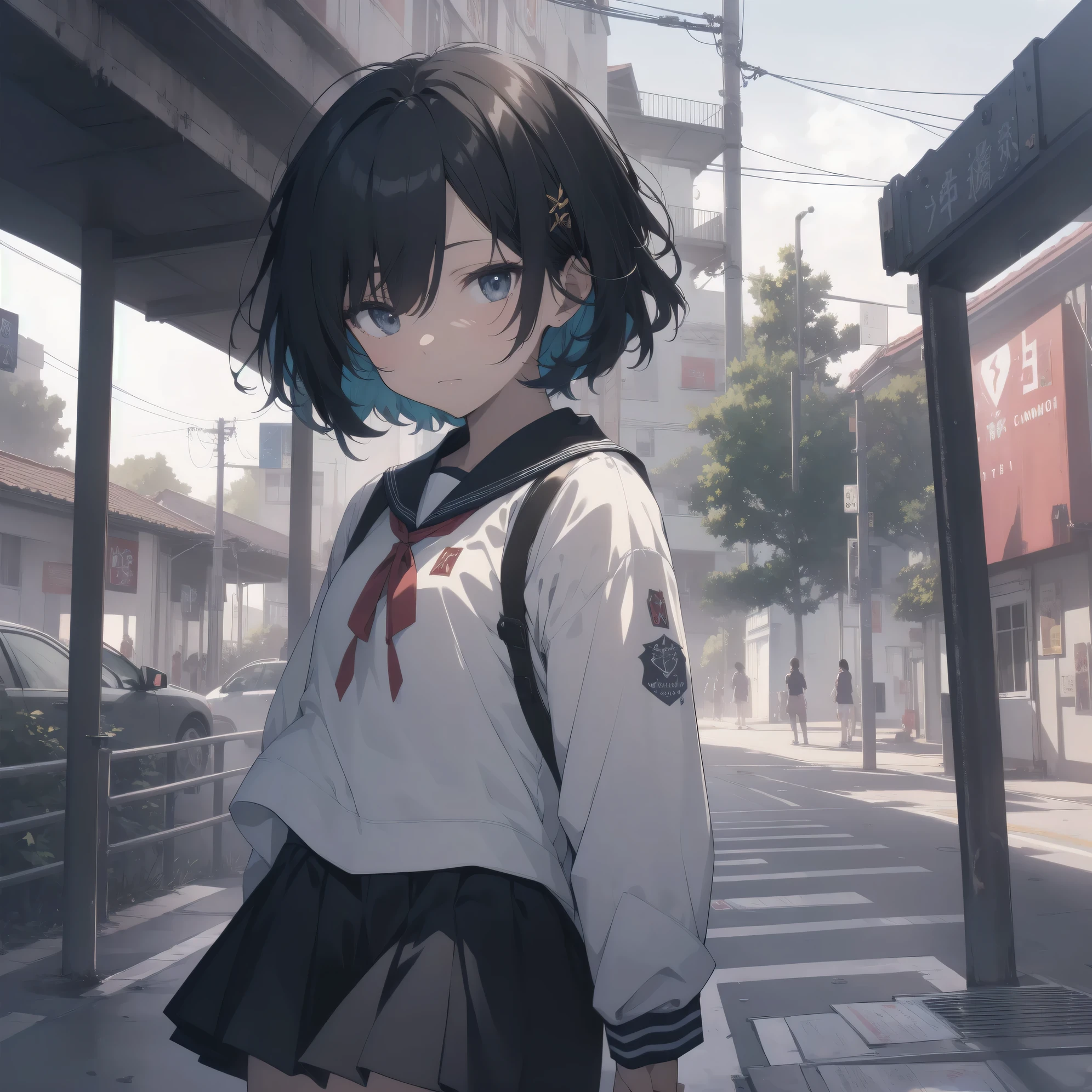 ultra-absurdres-Top quality by artist God, ultra-detailed, high resolution, anime moe artstyle, best anime 8k konachan wallpaper, pixiv contest winner, perfect anatomy,break, 1girl, (Please draw a girl walking sleepily to school alone. )break,(Solo,little female, 13-year-old:1.3),Full limbs, complete fingers,a junior high school student, (very short hair), short cut, flat chest, , small butt, small black eyes, beautiful detailed eyes, well-proportioned iris and pupils, expressive eyes, highres detailed hair, soft expression, school_uniform, official_alternate_costume, pleated skirt,(Detailed Lighting), (Detailed background), in the School commute route. break,super detailed skin, Best cinematic lighting powered by famous artist, 8k,beauty illustration,photoshop_(medium),very aesthetic,break,((artist:kouji_(campus_life) )), artist:akinashi yuu ,artist:oyari ashito ,artist:kantoku ,