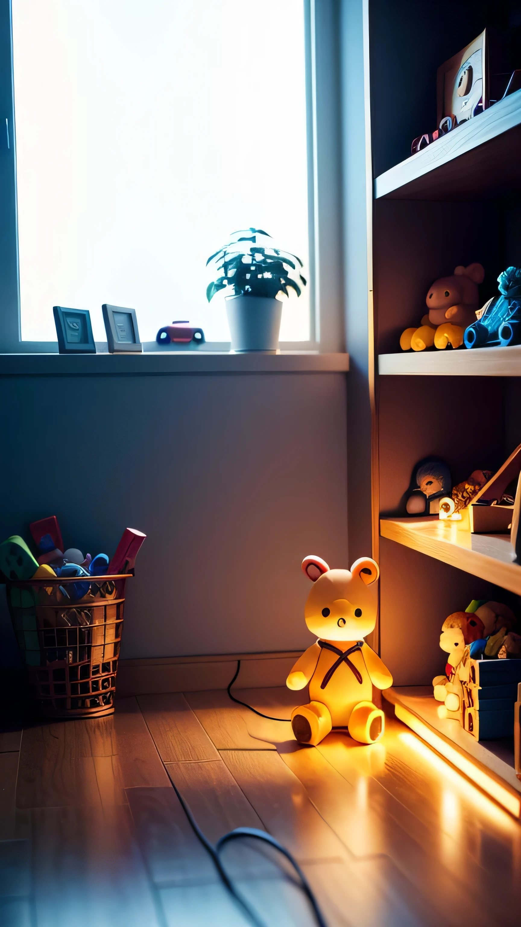toy shelf with light, toys, 8k