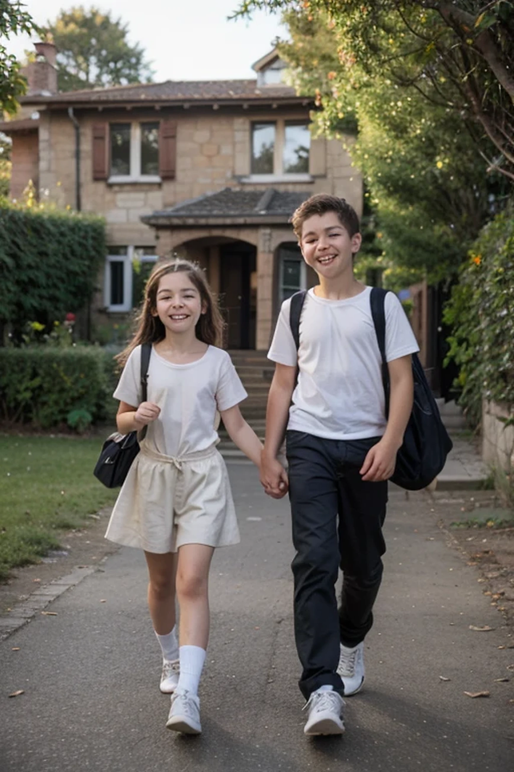 Two european kids a boy and a girl in , way to school, seeing, morning nature and wondering smiling happily