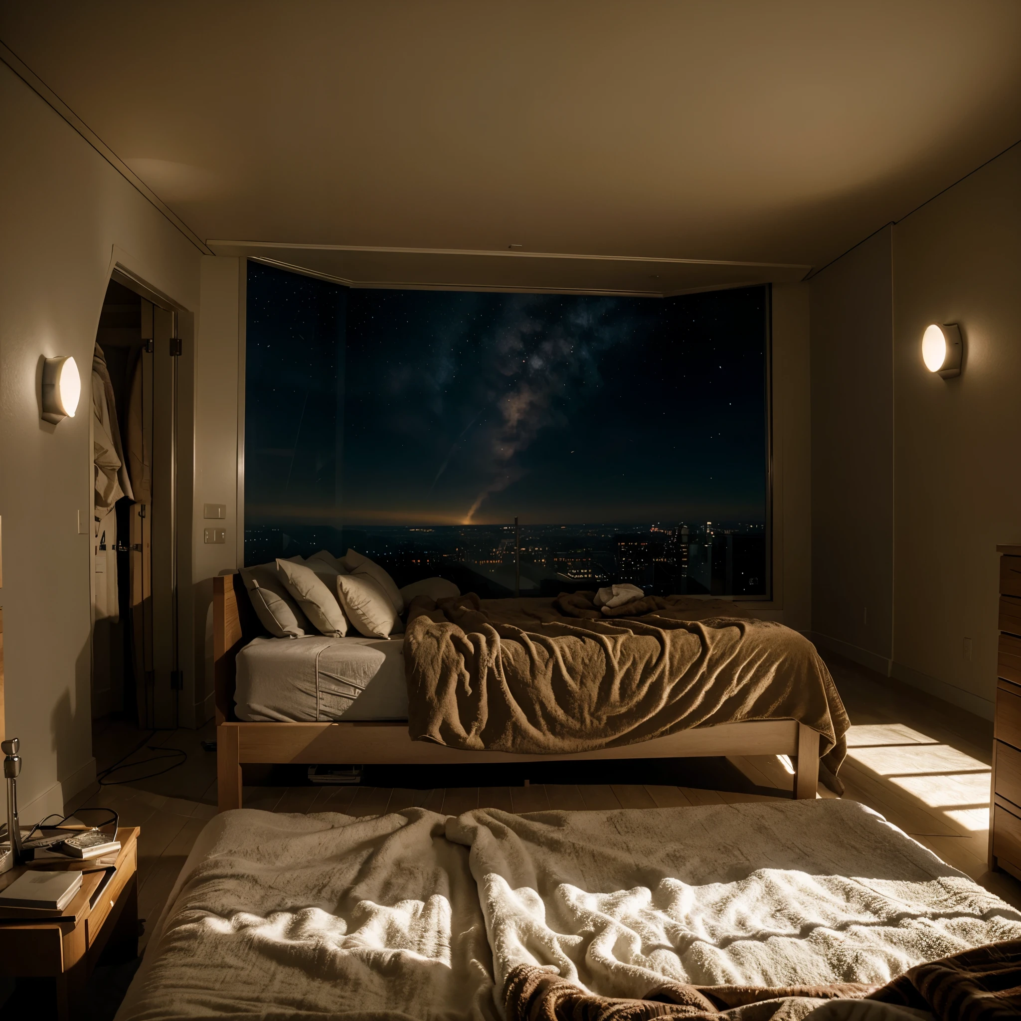 warm, 2000's spaceship, realistic lighting, bedroom, calm, stardust, undone bed