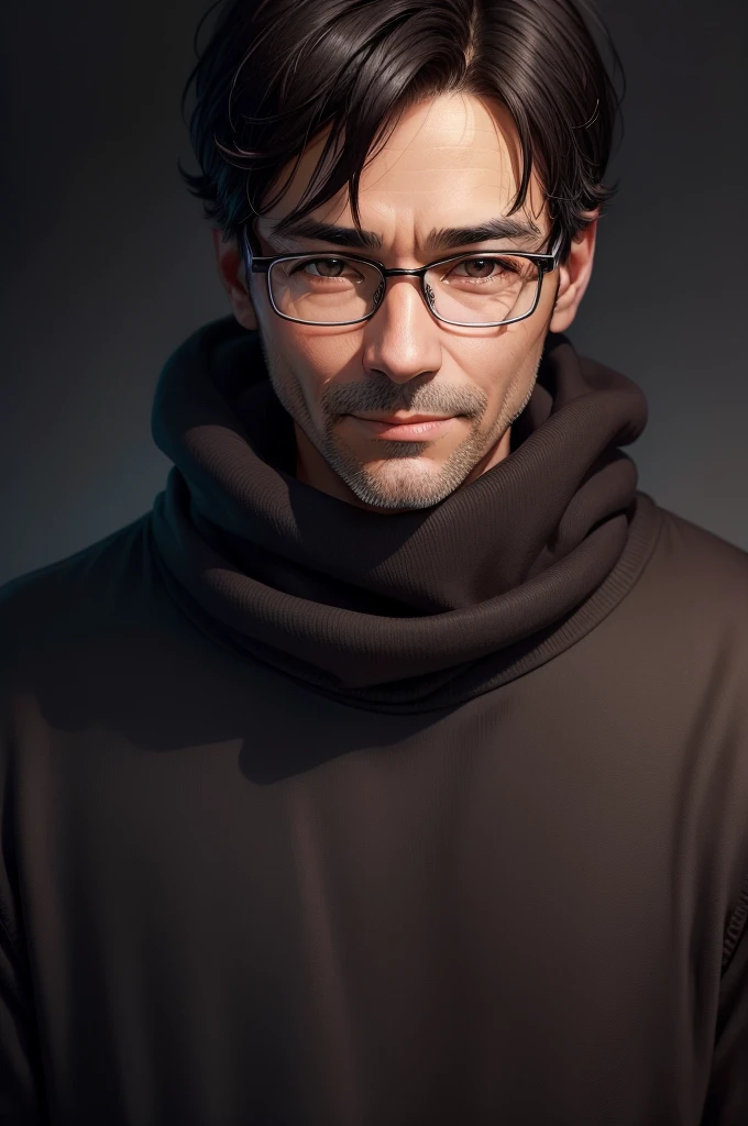 Portrait、adult male, 45 years old, dark brown eyes, with glasses, thin, no muscles, black hair, black sweater, stare in front of the camera, smile、realistic pictures、white background、short hair、two block