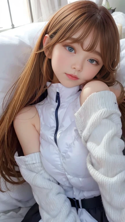bright look、photorealism、full body painting、highest quality、超A high resolution、picture、北欧生まれの非常にbeautiful少女の写真、extraordinary beautiful girl、可愛くてbeautiful顔の詳細、(Pueros face_V1:0.008)、beautiful bangs、alice in wonderland、16 years old、Radiant, fair, glowing skin、facial hair、Bangs that extend to the face、bangs between eyes、super long hair、Glamorous bright natural platinum blonde super long straight silky hair、high resolution eyes、beautiful, Bright and clear, Big light blue eyes shine charmingly、(white astrovest):10、eyeliner、double eyelid、rich bust、Going to bed、lie on your back、sprawl、sleep on your side、lying on one's back