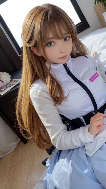 bright look、photorealism、full body painting、highest quality、超A high resolution、picture、北欧生まれの非常にbeautiful少女の写真、extraordinary beautiful girl、可愛くてbeautiful顔の詳細、(Pueros face_V1:0.008)、beautiful bangs、alice in wonderland、、Radiant, fair, glowing skin、facial hair、Bangs that extend to the face、bangs between eyes、super long hair、Glamorous bright natural platinum blonde super long straight silky hair、high resolution eyes、beautiful, Bright and clear, Big light blue eyes shine charmingly、(white astrovest):10、eyeliner、double eyelid、rich bust、Going to bed、lie on your back、sprawl、sleep on your side、lying on one's back