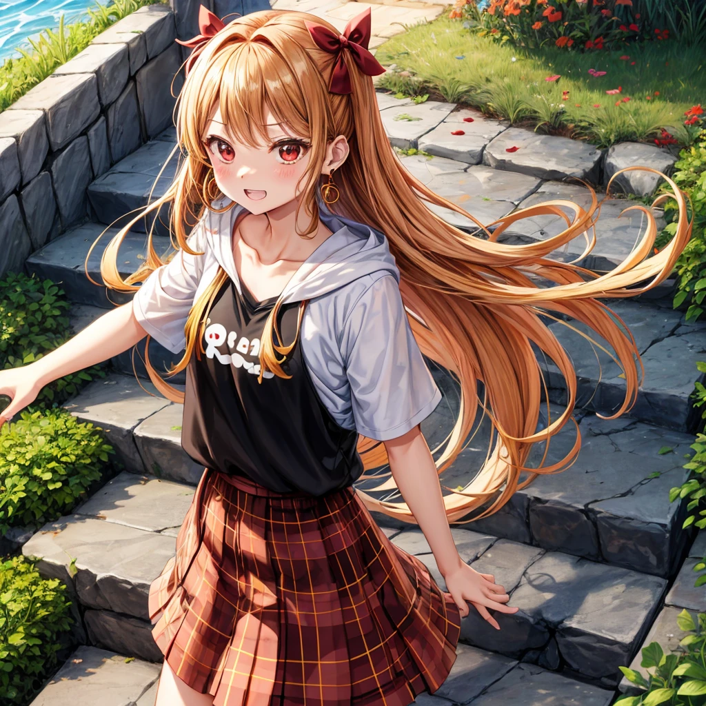 Brown, red, gold, golden hair、red eyes、one good looking girl、solo、anime、plaid mini skirt、black camisole、black t-shirt、hoodie、wearing a ribbon、ribbon at waist、Crystal Earrings、treasure石のネックレス、Light and shadow、Tilting face、teeth are visible、pillar、kind face、Kuroko、Diamond dust、grassland、Water running down the stairs、overflowing、Ants are walking、sulking、is increasing、treasure、Hope