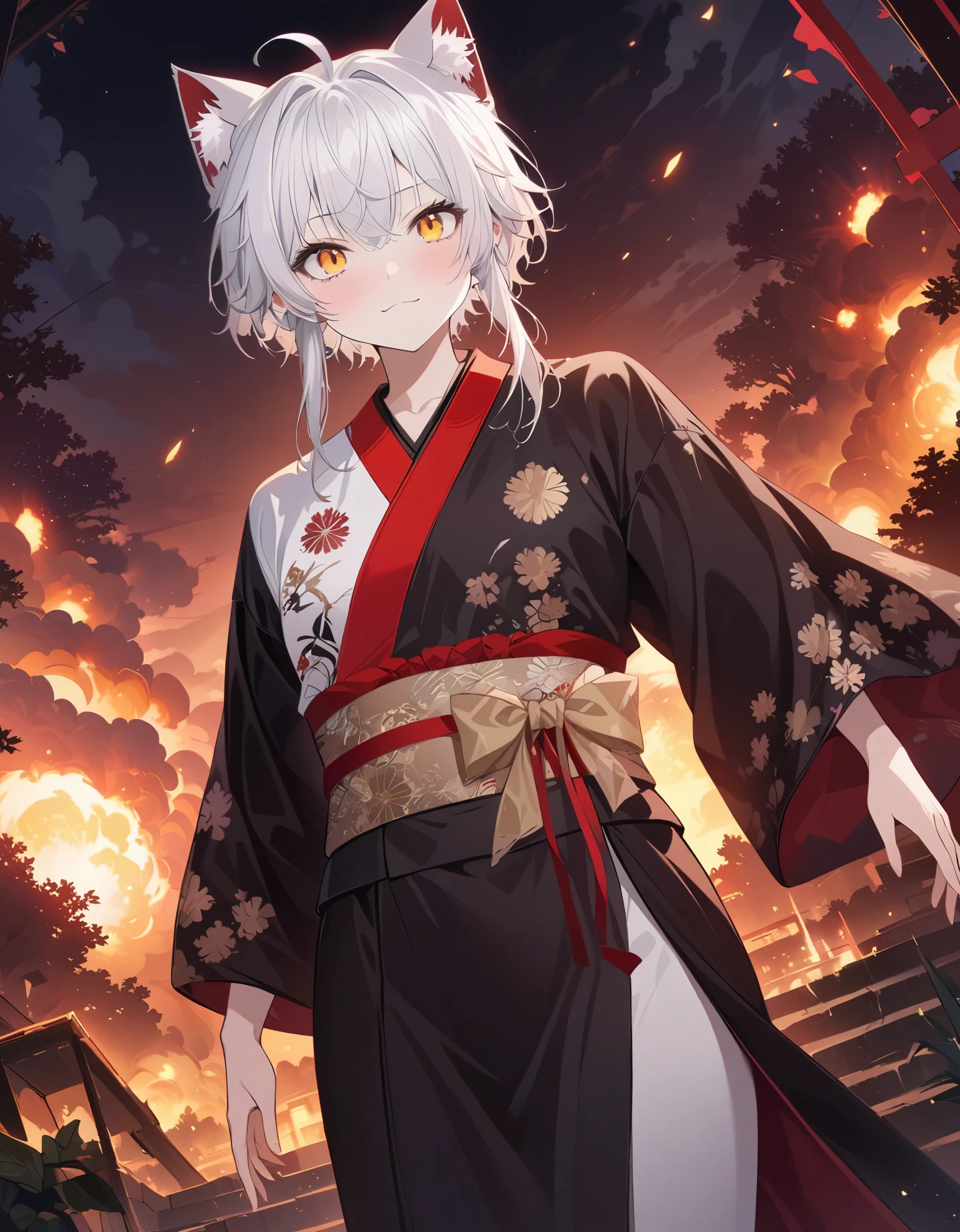 (highest quality,masterpiece,High resolution,detailed),(Shining eyes,detailed beautiful face), BREAK,androgynous,1boy,cat_boy,(animal ears),((red lapel)),(balck half_kimono),((white half_kimono)),(black kimono),(white kimono),red lapel,dark long sleeves,short hair,golden eyes,glowing eyes,yellow eyes,slit pupils,cold gaze,dot nose,(white hair),((short hair with long locks)),(bangs),(ahoge),sash,obi,floral print,((beautiful hands)),solo,alone, red eyes, Orange eyes,BREAK,beautiful anime、dynamic angle,illustration, beautiful and clear background, (depth of field:0.7),(((dynamic pose))),dynamic angle, (moon light:0.6), tree,summer,night,((colorful)),((masterpiece, best quality, ultra-detailed, an extremely delicate and beautiful)), ((extremely detailed CG unity 8k wallpaper)), ((award winning, ccurate, UHD, textured skin, chromatic aberration, perfect anatomy, Fujicolor)), ((((science fiction)))), (concept art, battle art), 1 mecha boy shooting with gun in the urban area, (small breasts), slender body, young sister taste, silver ponytail hair, amethyst eyes, wearing armor, ((hard gunfight)), ((explosion)), fighting spirit, cool