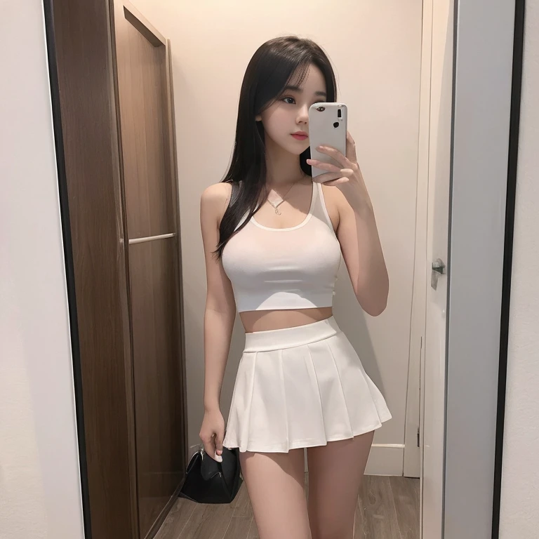 debris flies、highest quality、super fine、got it、High resolution、8k wallpaper、perfect dynamic composition、(((Full body Esbian)))、((from below))、20 year old cute girl、detailed beautiful face、delicate and cute eyes、fine-textured skin、My cheeks turned red、(wavy black hair)、thin legs、Please generate at the eaves、take a selfie with your mobile phone、room、wearing a white tank top、white background、wearing hot pants、I can see your pants、panty shot、The exact shape of the areola、transparent areola、The nipples are transparent、Taking a selfie in front of the mirror with your smartphone、Wearing a white tight skirt、wearing a miniskirt