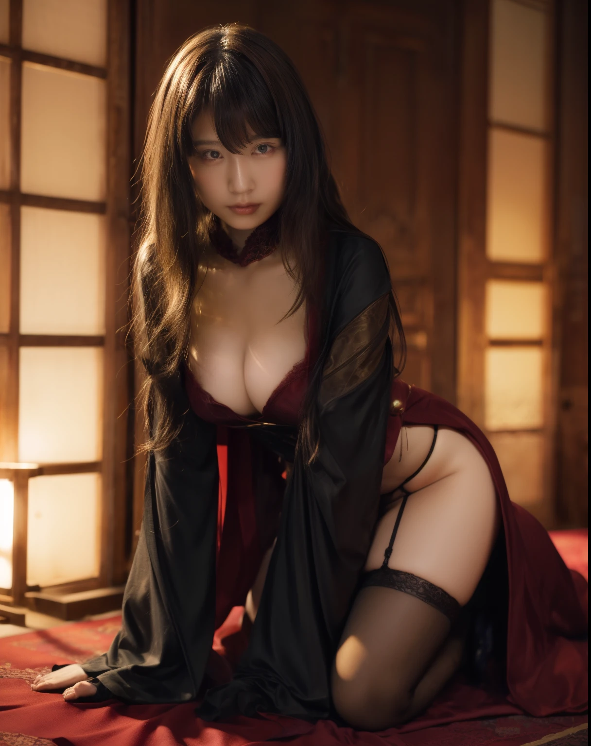 Gothic warrior queen wearing dark red kimono robe and midi skirt, satin, fur, (stockings), Decolletage, natural breasts, Backwards and on all fours, zettai ryouiki, medium length hair, Beautiful detailed golden eyes, portrait, most realistic, highest quality, best pixel, 8k ultra
