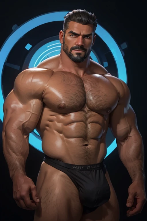 Masterpiece, Best Quality, Ultra Detailed, 1man, mature male, muscular, hunk, bara, jock, beef, black skin, black, taned skin, latino, 36 years old, black hair, grizzly hair, goatee, overcut hair, looking at the viewer, serious expression, half body shot, sci-fi background