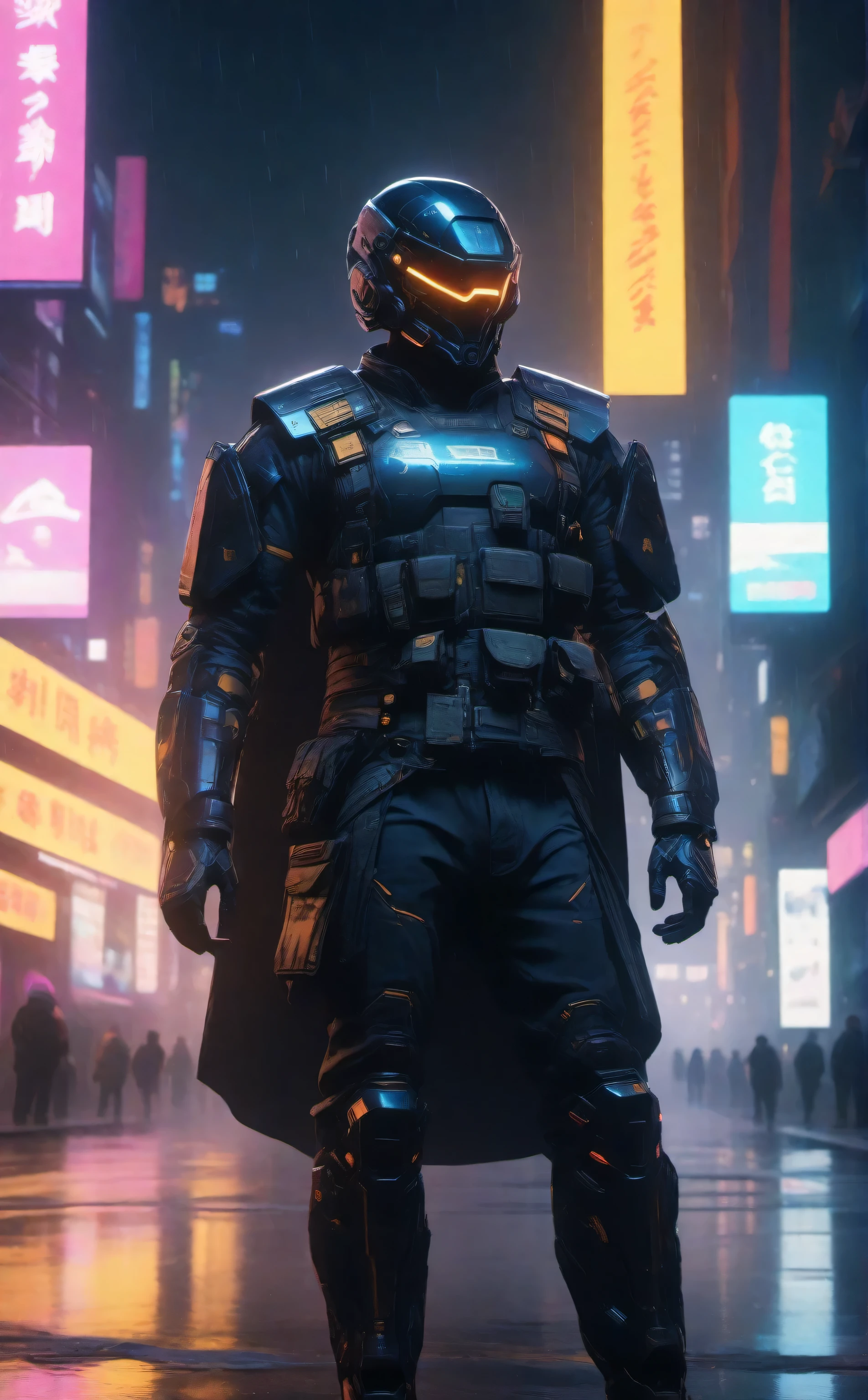 cinematic photo a man with a helmet with a tactical armour, Tactical vest with ammo pouches, A black cape behind him flowing in the wind, Utility belt, side view, full body,cyberpunk background . 35mm photograph, film, bokeh, professional, 4k, highly detailed high-res, masterpiece, best quality, futuristic outfit, Neon Samurai, Cyberpunk neon, the night, {{(tmasterpiece),(extremely detailed CG unified 8k wallpaperest quality at best,movie lighting,detailedbackground,