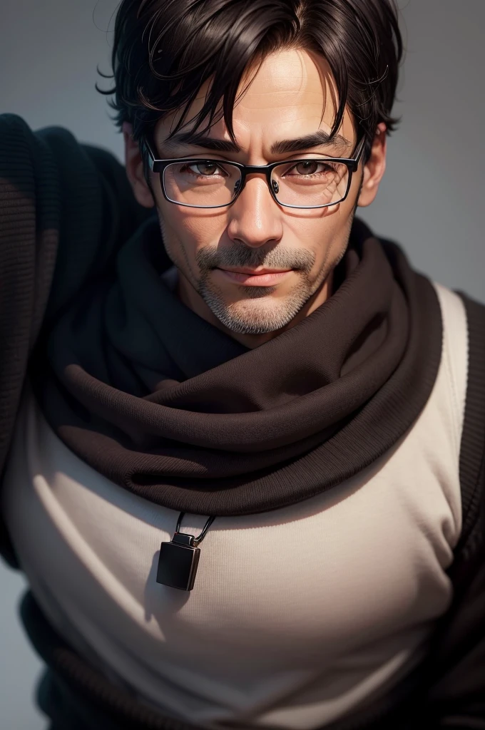 Portrait、adult male, 45 years old, dark brown eyes, with glasses, thin, no muscles, black hair, black sweater, stare in front of the camera, smile、realistic pictures、((Light white background))、short hair、two block