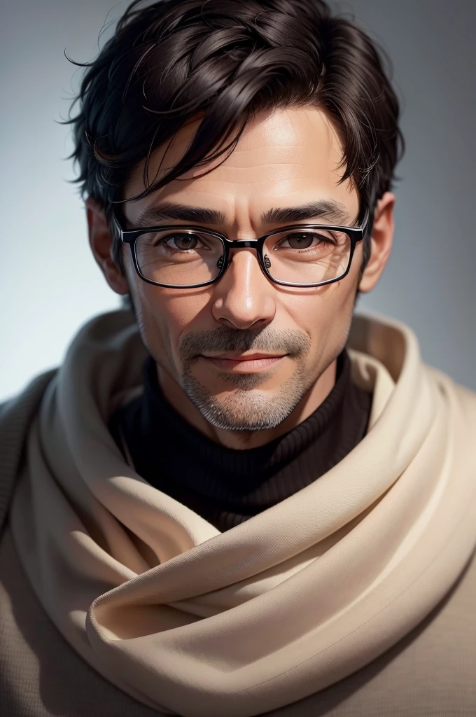 Portrait、adult male, 45 years old, dark brown eyes, with glasses, thin, no muscles, black hair, black sweater, stare in front of the camera, smile、realistic pictures、（（Light white background））、short hair、two block
