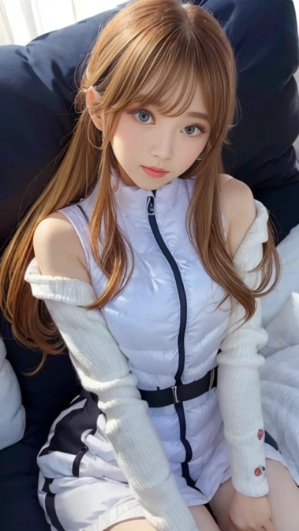 bright look、photorealism、full body painting、highest quality、超A high resolution、picture、北欧生まれの非常にbeautiful少女の写真、extraordinary beautiful girl、可愛くてbeautiful顔の詳細、(Pueros face_V1:0.008)、beautiful bangs、alice in wonderland、16 years old、Radiant, fair, glowing skin、facial hair、Bangs that extend to the face、bangs between eyes、super long hair、Glamorous bright natural platinum blonde super long straight silky hair、high resolution eyes、beautiful, Bright and clear, Big light blue eyes shine charmingly、(white astrovest):10、eyeliner、double eyelid、rich bust、Going to bed、lie on your back、sprawl、sleep on your side、lying on one&#39;s back