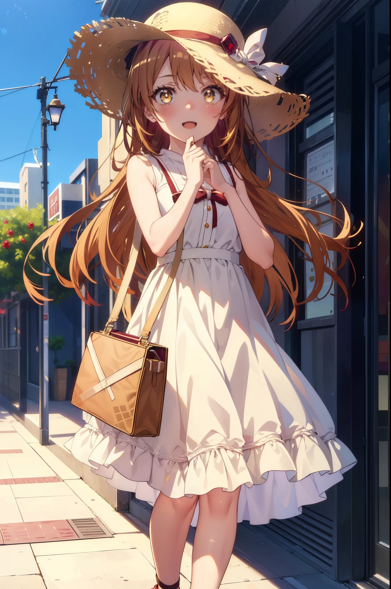irohaisshiki, Isshiki Iroha, long hair, light brown hair, (Brown ruby eyes:1.5), White long skirt integrated dress,Cute Sandals,straw hat,happy smile, smile, open your mouth,daytime,Clear skies,looking down from top to bottom,whole bodyがイラストに入るように,
break outdoors ,building street,In town,
break looking at viewer,whole body,(cowboy shot:1. 1)
break (masterpiece:1.2), highest quality, High resolution, unity 8k wallpaper, (shape:0.8), (beautiful and detailed eyes:1.6), highly detailed face, perfect lighting, Very detailed CG, (perfect hands, perfect anatomy),