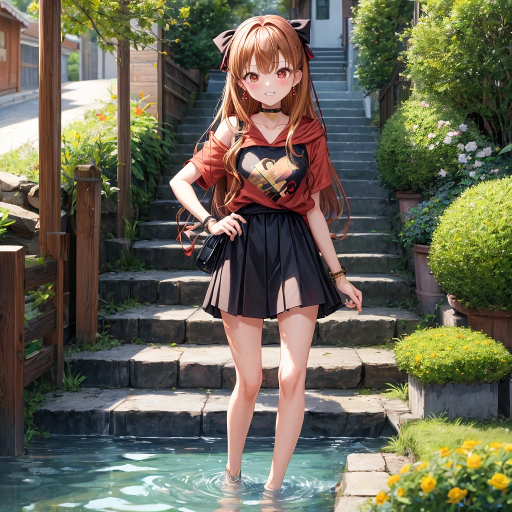 Brown, red, gold, golden hair、red eyes、one good looking girl、solo、anime、plaid mini skirt、black camisole、black t-shirt、hoodie、wearing a ribbon、ribbon at waist、Crystal Earrings、treasure石のネックレス、Light and shadow、Tilting face、teeth are visible、pillar、kind face、Kuroko、Diamond dust、grassland、Water running down the stairs、overflowing、Ants are walking、sulking、is increasing、treasure、Hope
