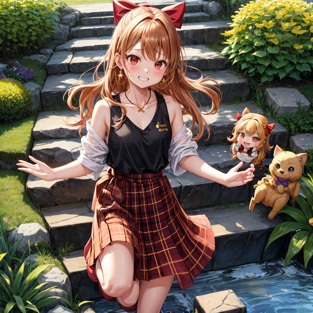 Brown, red, gold, golden hair、red eyes、one good looking girl、solo、anime、plaid mini skirt、black camisole、black t-shirt、hoodie、wearing a ribbon、ribbon at waist、Crystal Earrings、treasure石のネックレス、Light and shadow、Tilting face、teeth are visible、pillar、kind face、Kuroko、Diamond dust、grassland、Water running down the stairs、overflowing、Ants are walking、sulking、is increasing、treasure、Hope