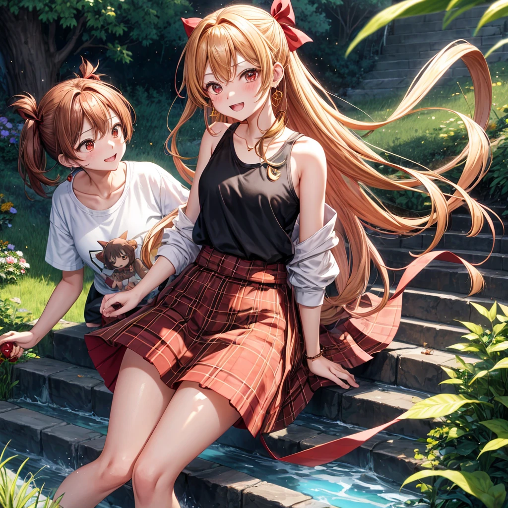 Brown, red, gold, golden hair、red eyes、one good looking girl、solo、anime、plaid mini skirt、black camisole、black t-shirt、hoodie、wearing a ribbon、ribbon at waist、Crystal Earrings、treasure石のネックレス、Light and shadow、Tilting face、teeth are visible、pillar、kind face、Kuroko、Diamond dust、grassland、Water running down the stairs、overflowing、Ants are walking、sulking、is increasing、treasure、Hope