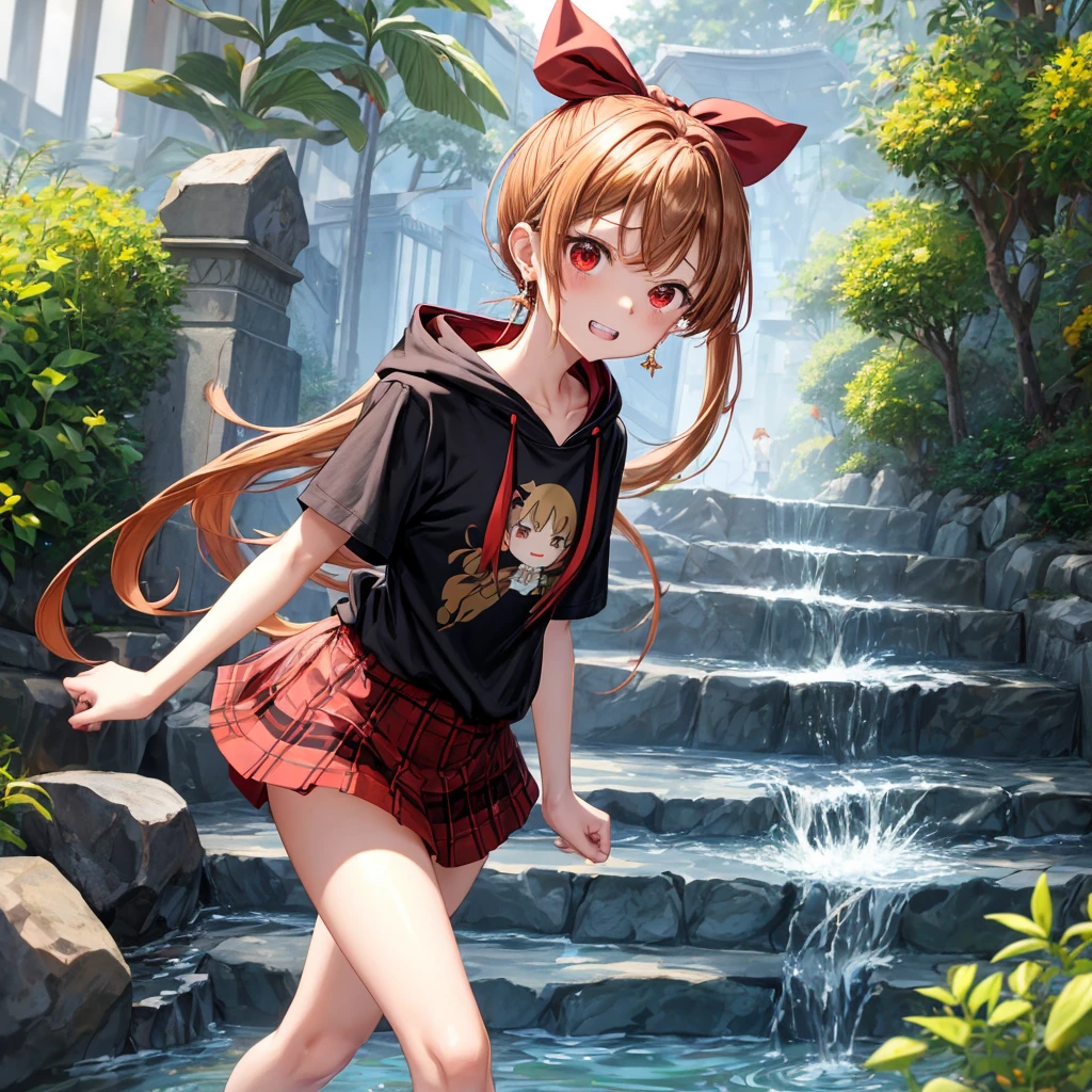 Brown, red, gold, golden hair、red eyes、one good looking girl、solo、anime、plaid mini skirt、black camisole、black t-shirt、hoodie、wearing a ribbon、ribbon at waist、Crystal Earrings、treasure石のネックレス、Light and shadow、Tilting face、teeth are visible、pillar、kind face、Kuroko、Diamond dust、grassland、Water running down the stairs、overflowing、Ants are walking、sulking、is increasing、treasure、Hope