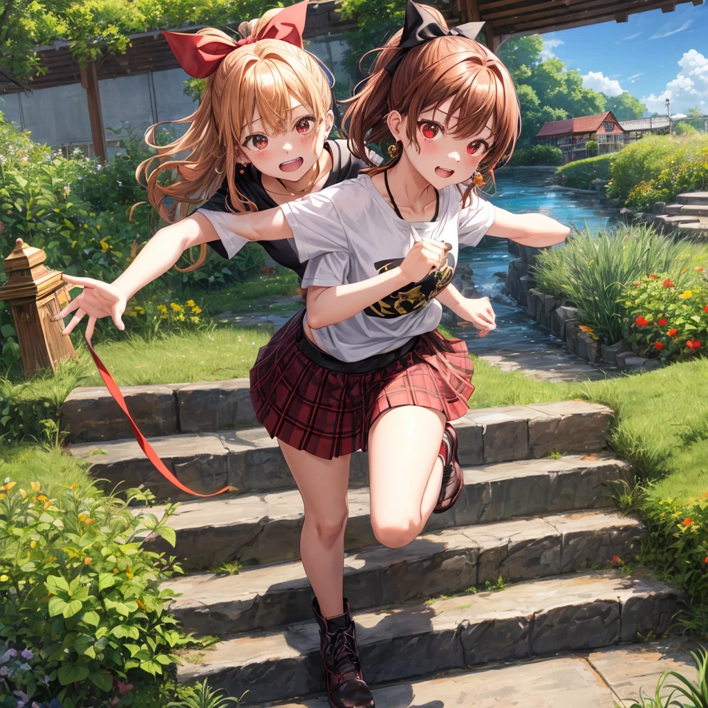Brown, red, gold, golden hair、red eyes、one good looking girl、solo、anime、plaid mini skirt、black camisole、black t-shirt、hoodie、wearing a ribbon、ribbon at waist、Crystal Earrings、treasure石のネックレス、Light and shadow、Tilting face、teeth are visible、pillar、kind face、Kuroko、Diamond dust、grassland、Water running down the stairs、overflowing、Ants are walking、sulking、is increasing、treasure、Hope