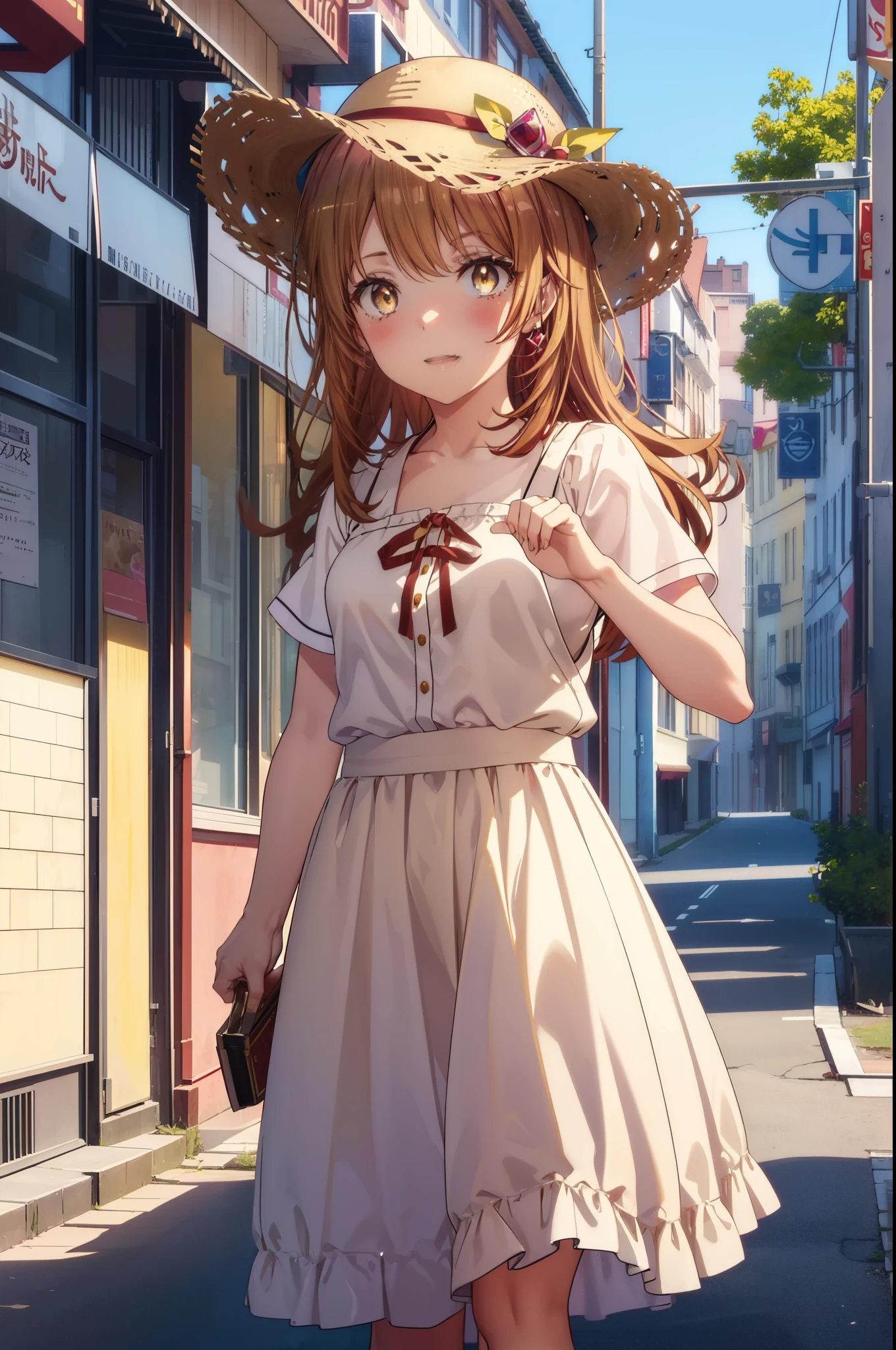 irohaisshiki, Isshiki Iroha, long hair, light brown hair, (Brown ruby eyes:1.5), White long skirt integrated dress,Cute Sandals,straw hat,happy smile, smile, open your mouth,daytime,Clear skies,looking down from top to bottom,whole bodyがイラストに入るように,
break outdoors ,building street,In town,
break looking at viewer,whole body,(cowboy shot:1. 1)
break (masterpiece:1.2), highest quality, High resolution, unity 8k wallpaper, (shape:0.8), (beautiful and detailed eyes:1.6), highly detailed face, perfect lighting, Very detailed CG, (perfect hands, perfect anatomy),