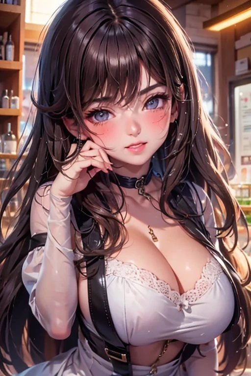 Italian girl, 25 years old, long brown hair dressed as a busty chemist