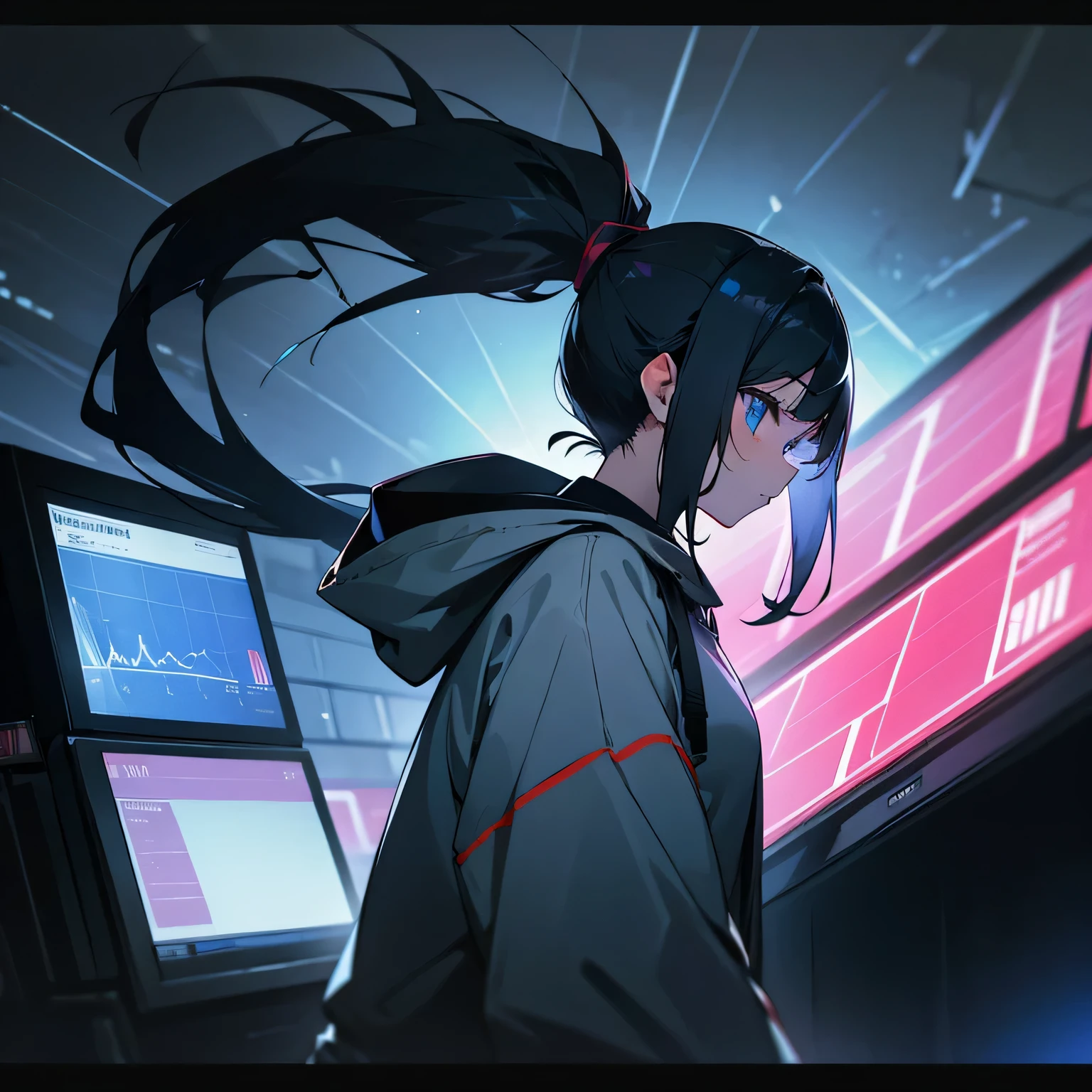 girl、black hair、ponytail、hoodie、Large display、Weather radar screen、dark room