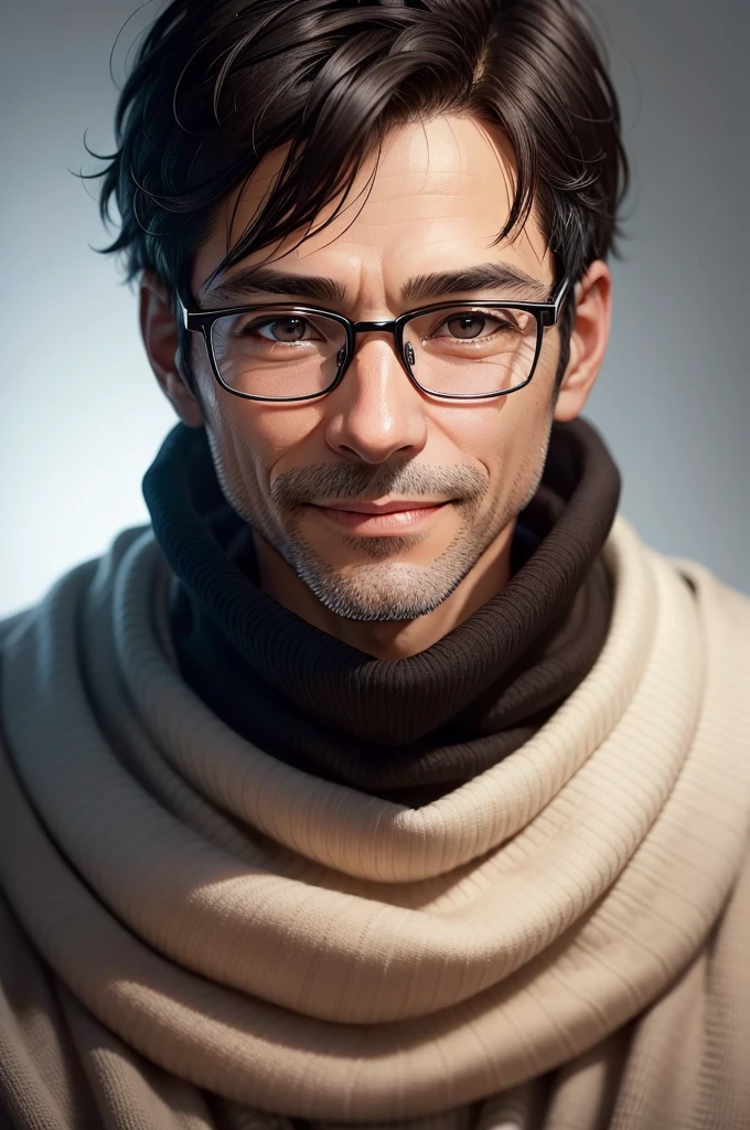 Portrait、adult male, 45 years old, dark brown eyes, with glasses, thin, no muscles, black hair, black sweater, stare in front of the camera, smile、laugh loudly、realistic pictures、((Light white background))、short hair、two block