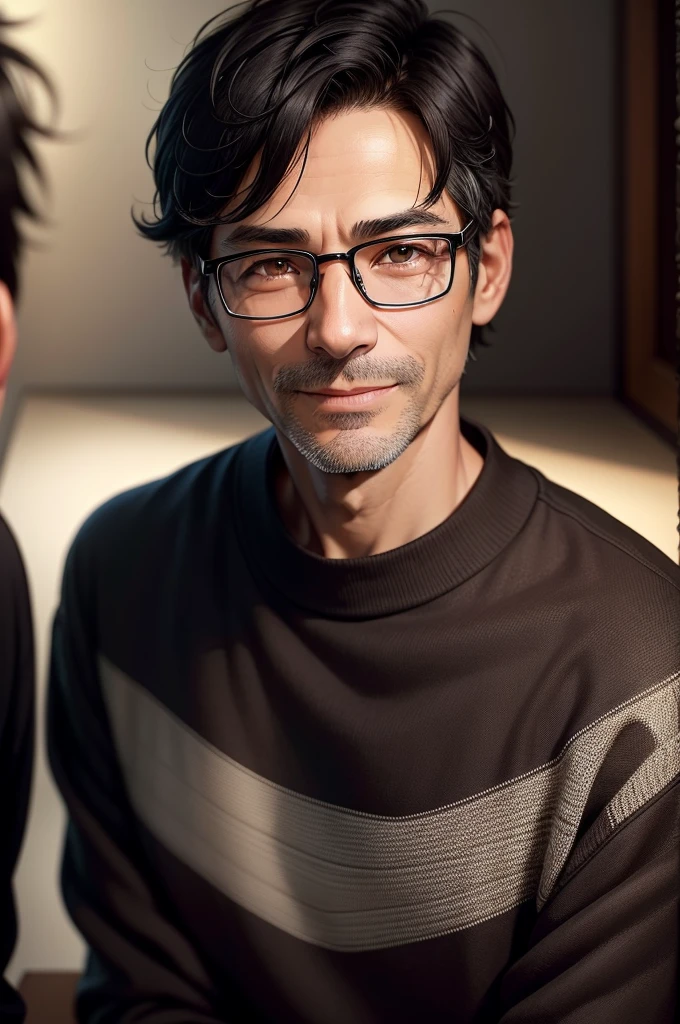 Portrait、adult male, 45 years old, dark brown eyes, with glasses, thin, no muscles, black hair, black sweater, stare in front of the camera, smile、laugh loudly、realistic pictures、（（Light white background））、short hair、two block
