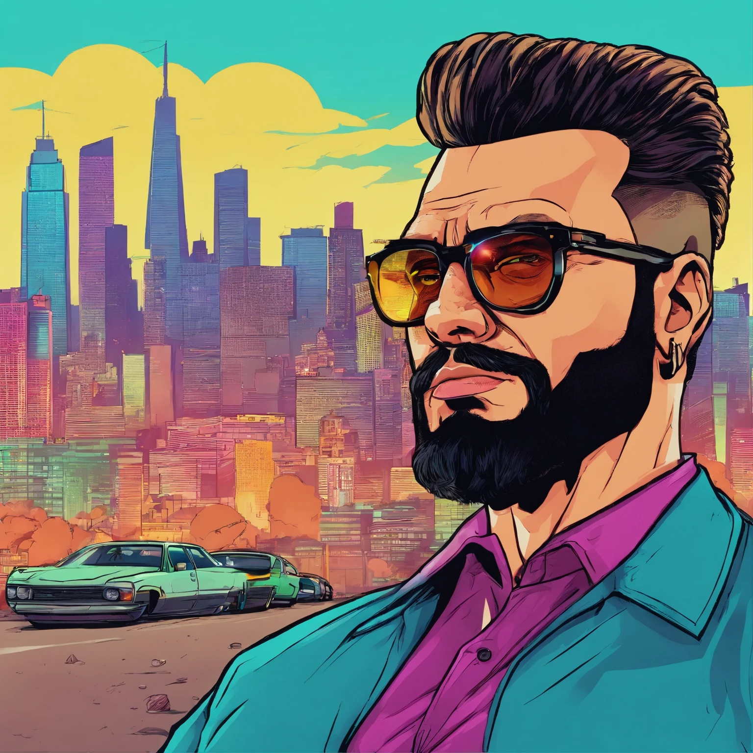 Image of a man with a black comb, Glasses and beard, No tie, A city in the background