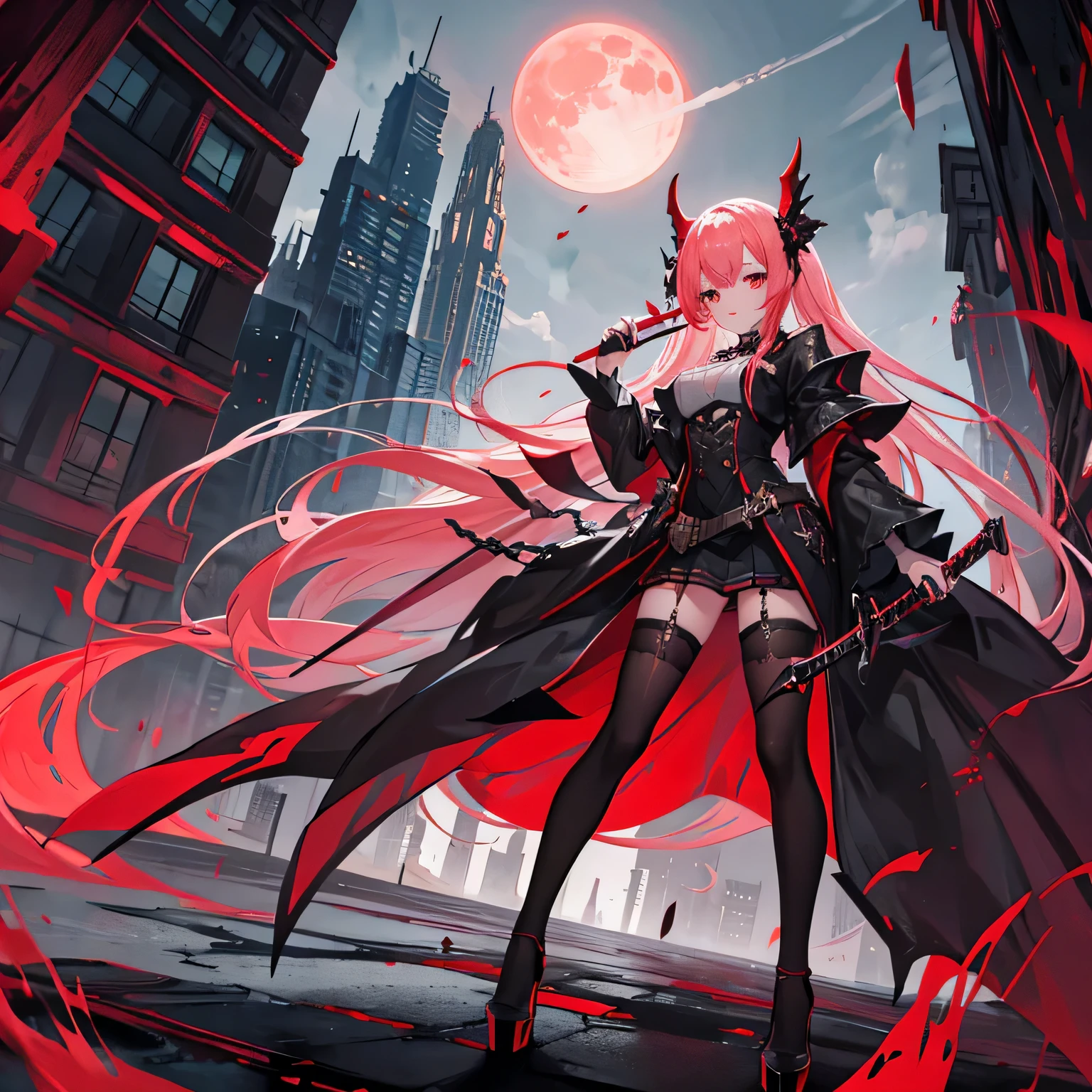 Bloody Girl,There is a faint light on the long sword,Double tail,High heel,Crimson gradient hair,red moon,blood magic,Gothic,skyscrapers,chain