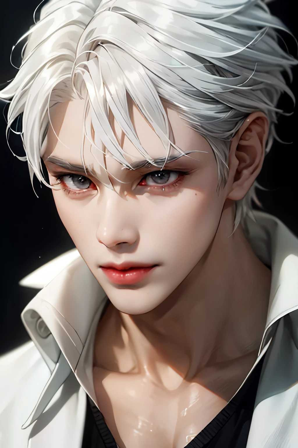 Boy, white hair, gray eyes, sharp features, white skin, black sweater