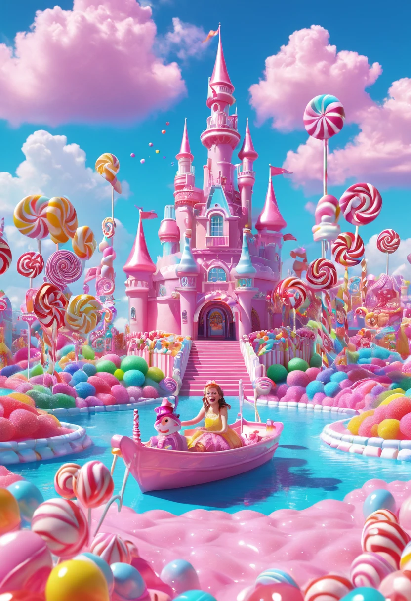 1girl, Candyland, aesthetic, (best quality, highres), ultra-detailed, (realistic:1.37), vibrant colors, candy-themed, dreamlike, enchanting, whimsical, sunlit, joyful, playful, sugary attire, magical, enticing aroma, candy castle, candy river, cotton candy clouds, lollipops, candy cane columns, sugar sculptures, gumdrop boats, candy fish, vibrant flowers, cheerful musicians